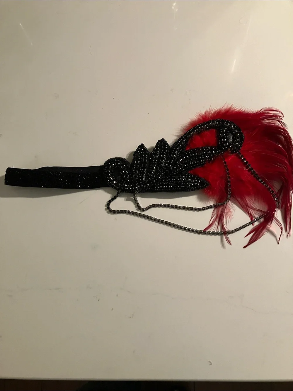 Black Beaded Headband with Red Feather Accent by 1920”s flapper